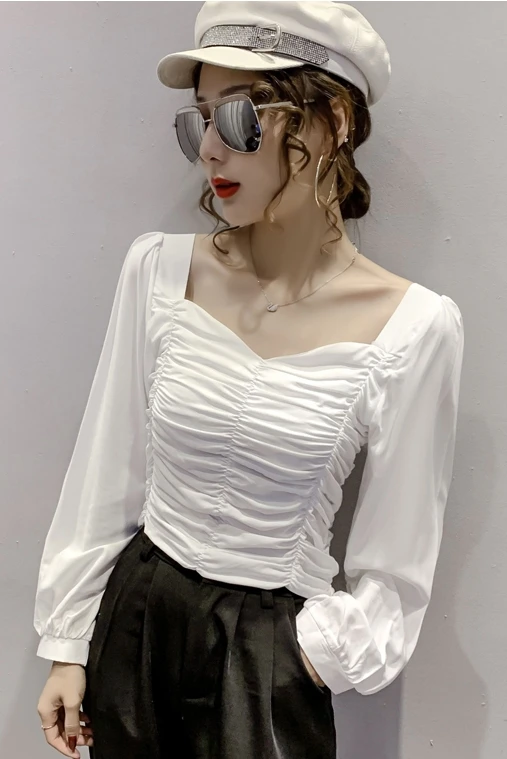 

COIGARSAM Fashion Full Sleeve blouse women Spring Solid Chiffon blusas womens tops and blouses Black White Chocolate 556