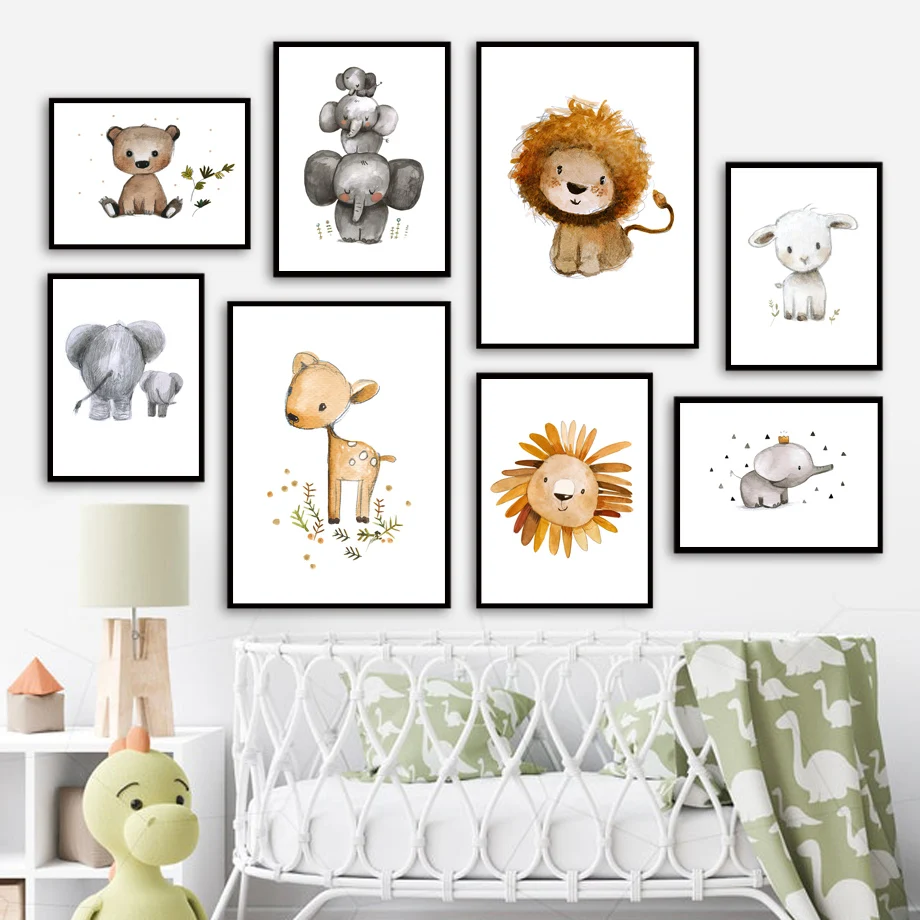

Elephant Nursery Wall Art Print Canvas Painting Deer Lion Bear Rabbit Dinosaur Nordic Poster Wall Picture Baby Kids Room Decor