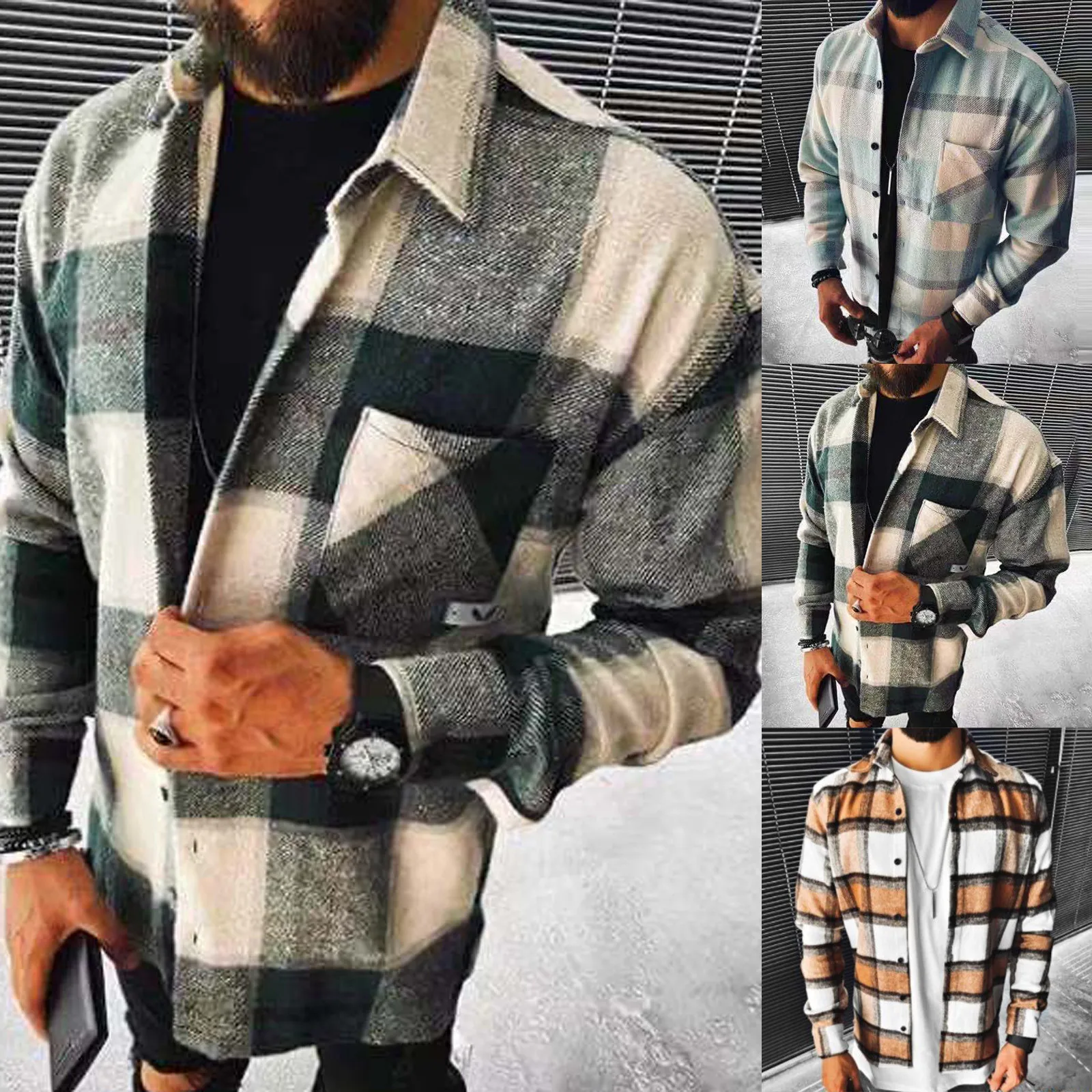 

Men's Plaid Jacket New Autumn Casual Long Sleeve Medium Length Cardigan Printing Wool Long Sleeve Coat Oversize Jackets #01