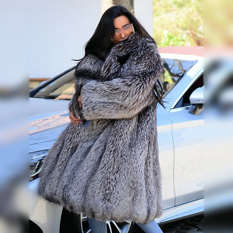 Luxury Real Silver Fox Fur Coat With Big Lapel Collar Winter Fashion Women Fur Overcoats Long 2022 New Natural Fox Fur Coats