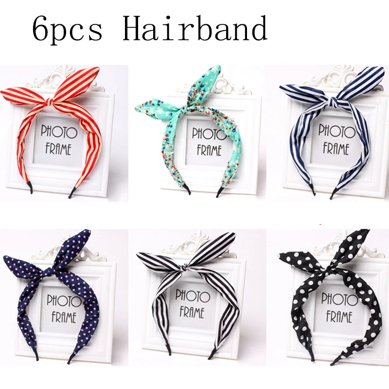 

6PCS/set Cute Dots Lip Print Flower Bunny Rabbit Ear Ribbon Headwear Hairband Metal Wire Scarf Headband Hair Band Accessories