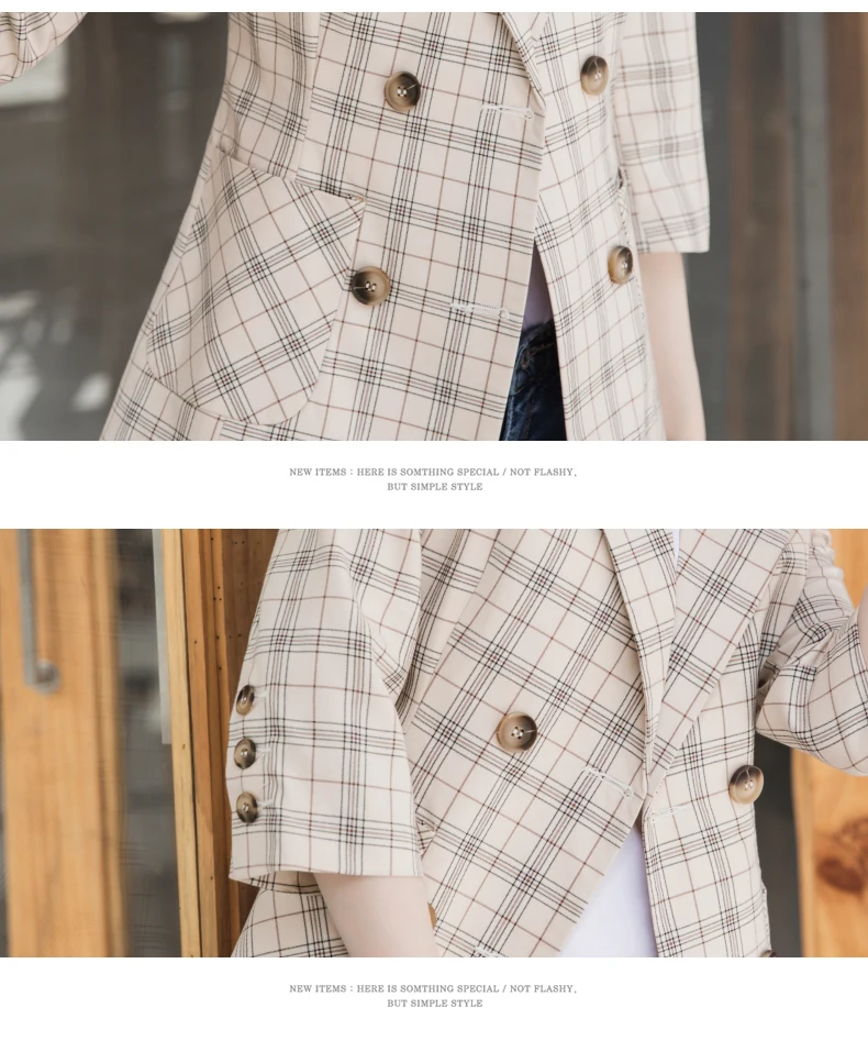 Женский офисный пиджак с коротким рукавом в клетку деловой весна осень