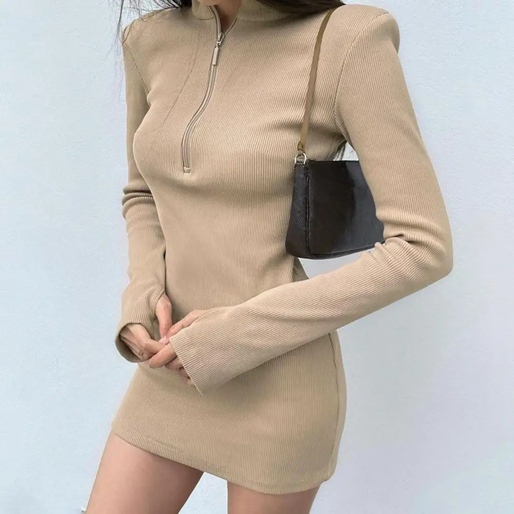 

Trendy Sheath Dress Glove Cuff Stretchable Slim Pure Color Sweater Dress Mini Dress Lady Dress