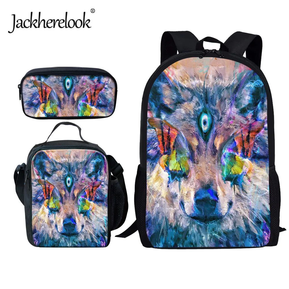 

Jackherelook Cool Wolf Design Student Large Bookbag Teenagers Durable Backpack Colorful Animal Print Kids School Bags 3pcs/Set