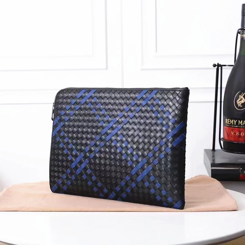 New Style Men's High Quality Luxury Design Cowhide Clutch Fashion Leather Woven Purse Handbag A4 Business Envelope Zipper Bag