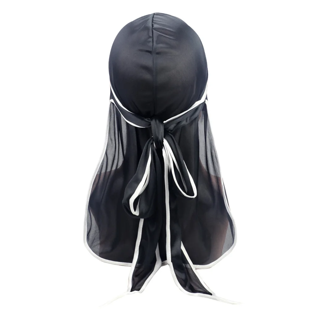 

Hot Selling Artificial Silk Bag Edge Pirate Hat Long Tail Elastic Toque Du Lager Silky Durag Bonnet Wholesale Stain Bonnet