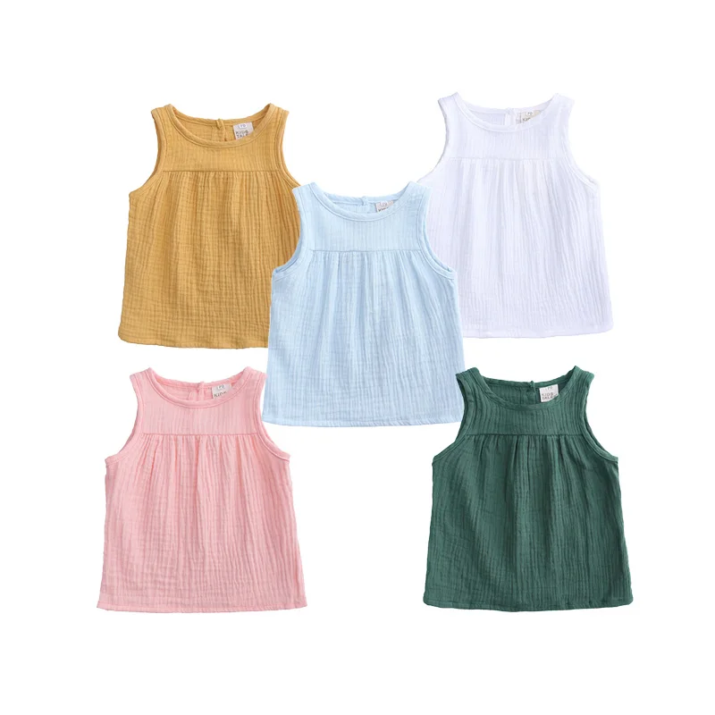Летние блузки без рукавов для маленьких девочек Топы из льна и хлопка Однотонная