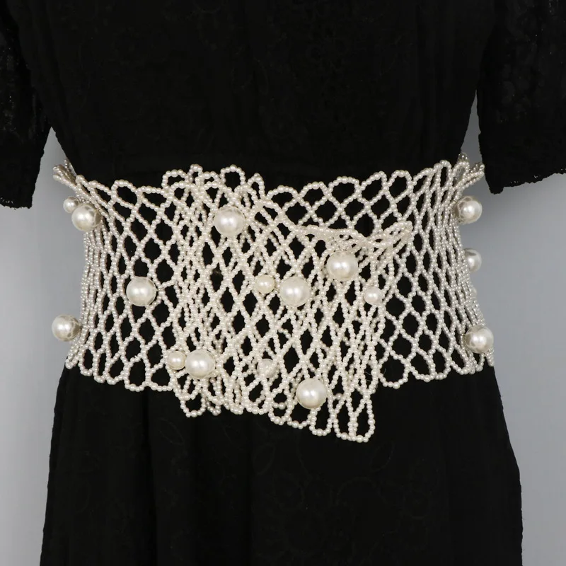 High quality all handmade pearl super wide waist seal fashionable lady dress waist seal belt luxury designer belt corset belt