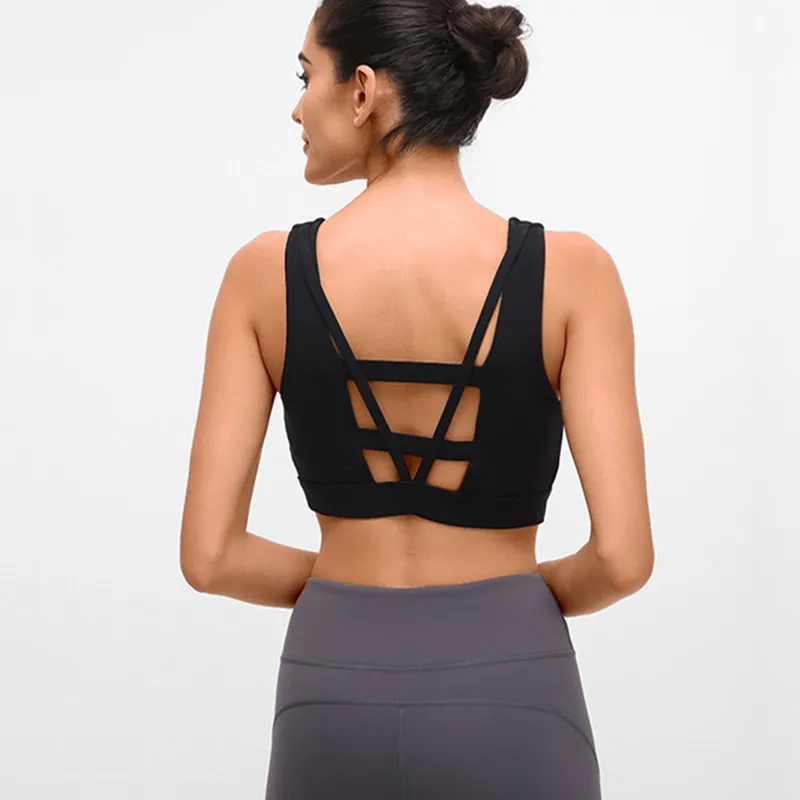 New Shockproof Sports Bra Women Gym Fitness Push Up Bras Deep V sexy hollow Yoga Bra Back Cross Ladies Run Bras fitness Top