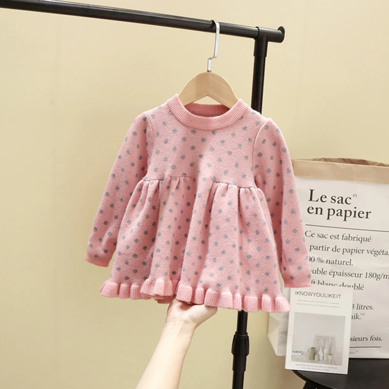

Baby Girl Christmas Polka Dots Dress Infant Autumn Winter Long Sleeve Knitting Princess Dress Newborn Sweater Knitted Clothes