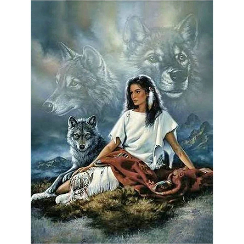 

Indian Woman Wolf Animal Pre-Printed 11CT Cross Stitch Embroidery Kit DMC Threads Needlework Knitting Handiwork Sewing Decor