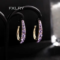 fxlry new half circle c shaped earrings female copper inlaid crystal purple earrings for women jewelry