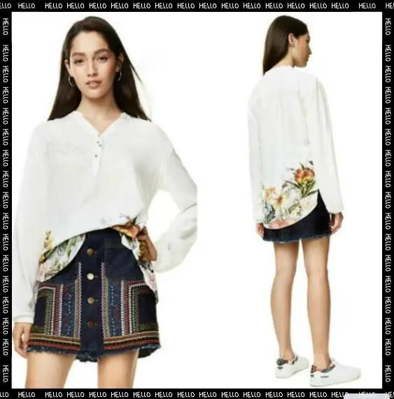 

Spanish Desigual2021 new women's dress European and American style embroidered print slim V-neck breathable white shirt