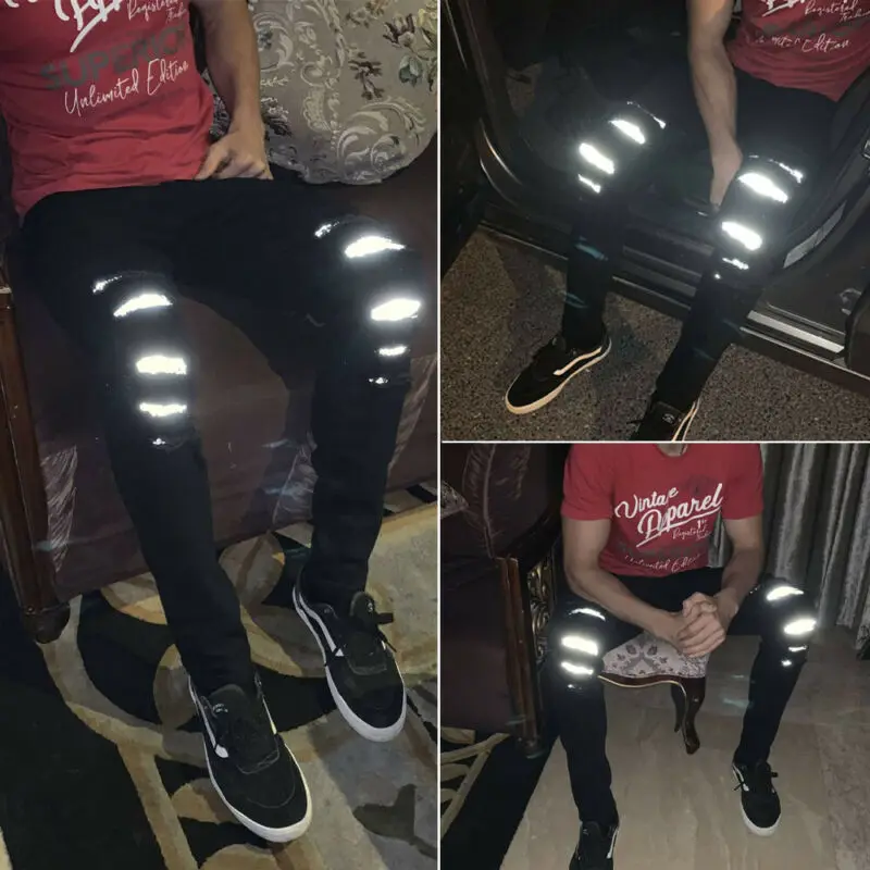 

2020 Fashion Denim Pant For Men's Skinny Super Stretch Fit Ripped Reflective Denim Pants Black Pencil Trousers