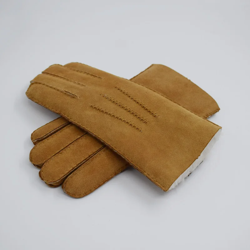 

2021 100% Genuine Sheepskin Leather Gloves for Men Real Leather Outdoor Thick Warm Snow Gloves Boy Long Flip Cuffs Fur Mittens