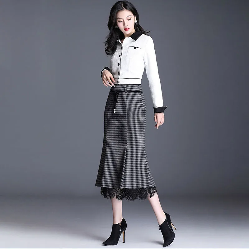 Осень зима 2019 шерстяная стеганая клетчатая юбка модная женская кружевная