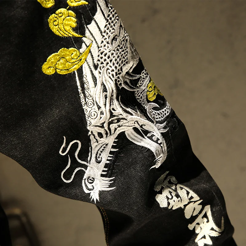 Мужские прямые джинсы в китайском стиле с вышивкой дракона хип хоп черные
