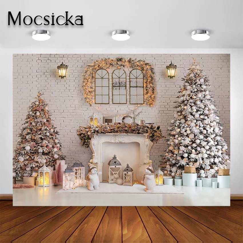 

Mocsicka Christmas Photography Backdrop Fireplace Xmas Tree Indoor White Brick Wall Background for Kids Portrait Photo Studio