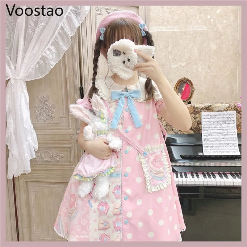 

Japanese Sweet Kawaii Lolita Dress Frost Sugar Sweetheart Pink OP Dress Women Vintage Victorian Gothic Princess Tea Party Dress