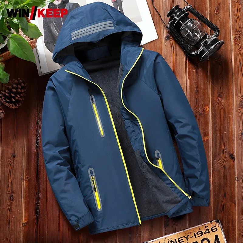 

Men Outdoor Windproof Hooded Jackets Autumn Winter Warm Thick Waterproof Windbreaker Reflective Long Sleeve Hiking Jacket Male