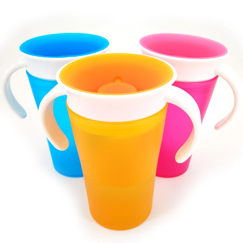 Taza de aprendizaje para beb&eacute;, asa a prueba de fugas de doble tapa abatible, m&aacute;gica, se puede girar 360 grados-5