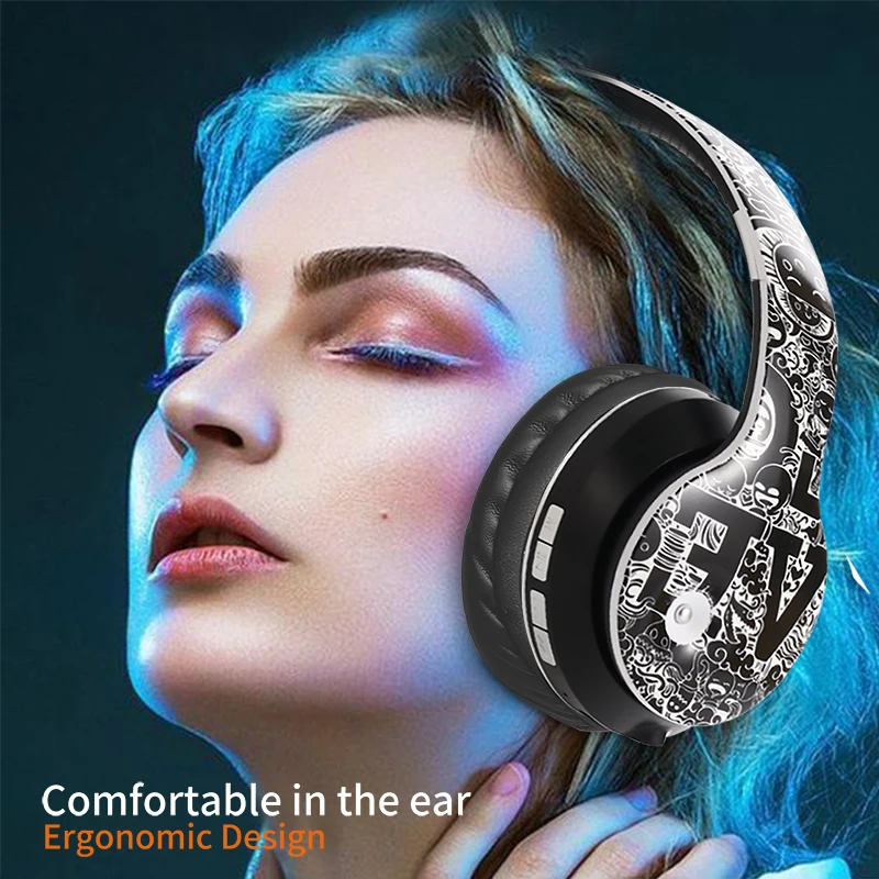 

Hand drawn style Comfortable Wireless Headset Bluetooth Earphone Power Bass Headphone For Mobile Phone Music Calls