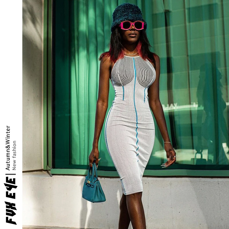 

2022 New Year Spring Striped Chest Holder Empril Tights Neck-mounted Sleeveless Midi Dress Midskirt Casual Women's Dresses