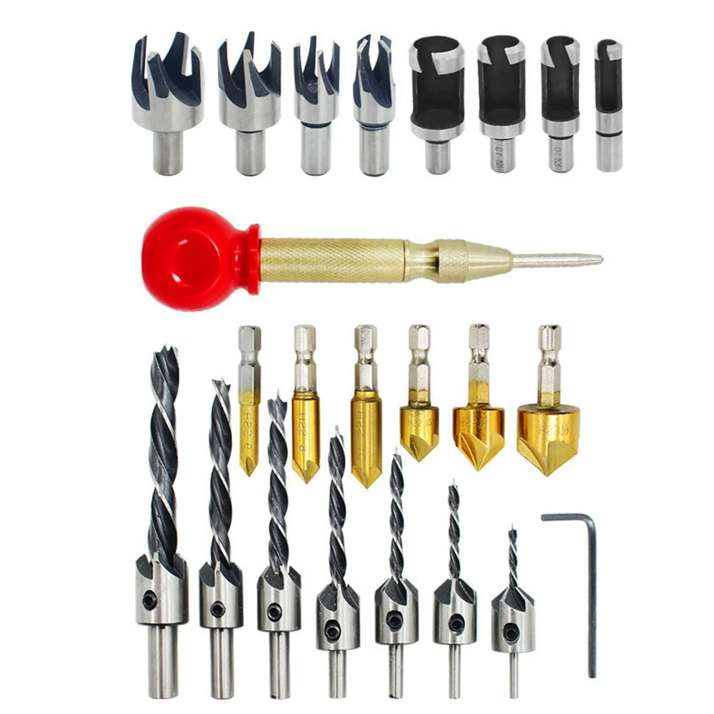 

23/26pcs Woodworking Chamfer Drilling Tool HSS Straight Groove Step Drill Bit Set Titanium Coated Wood Metal Hole Cutter Tools