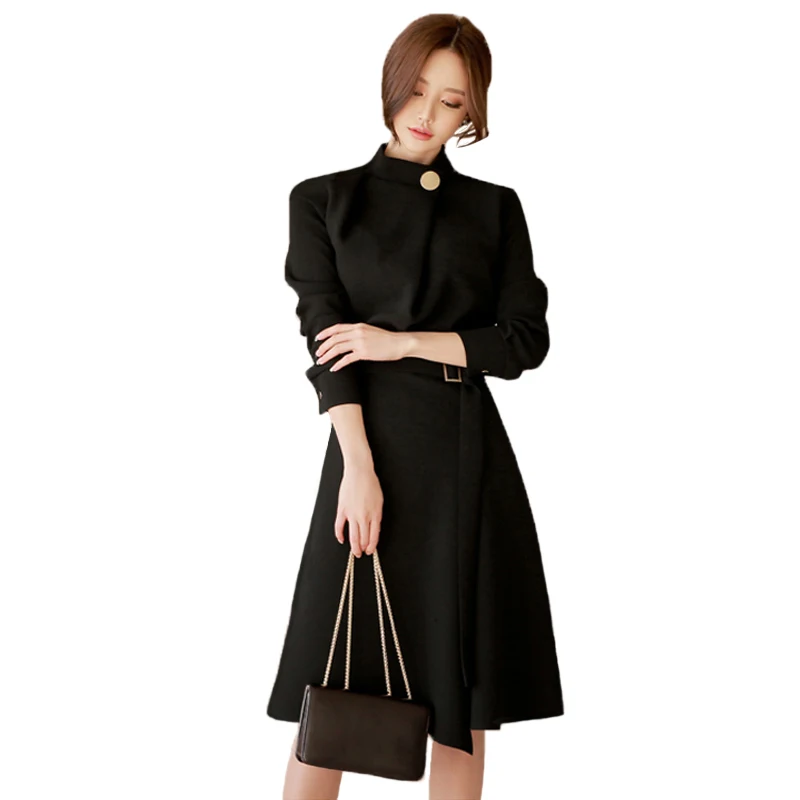 

JXMYY OL Elegant Stand Collar A-line Sexy Work Dresses Women Uniform Sashes Office Ladies Slim Slit Dress Solid Vestidos Mujer