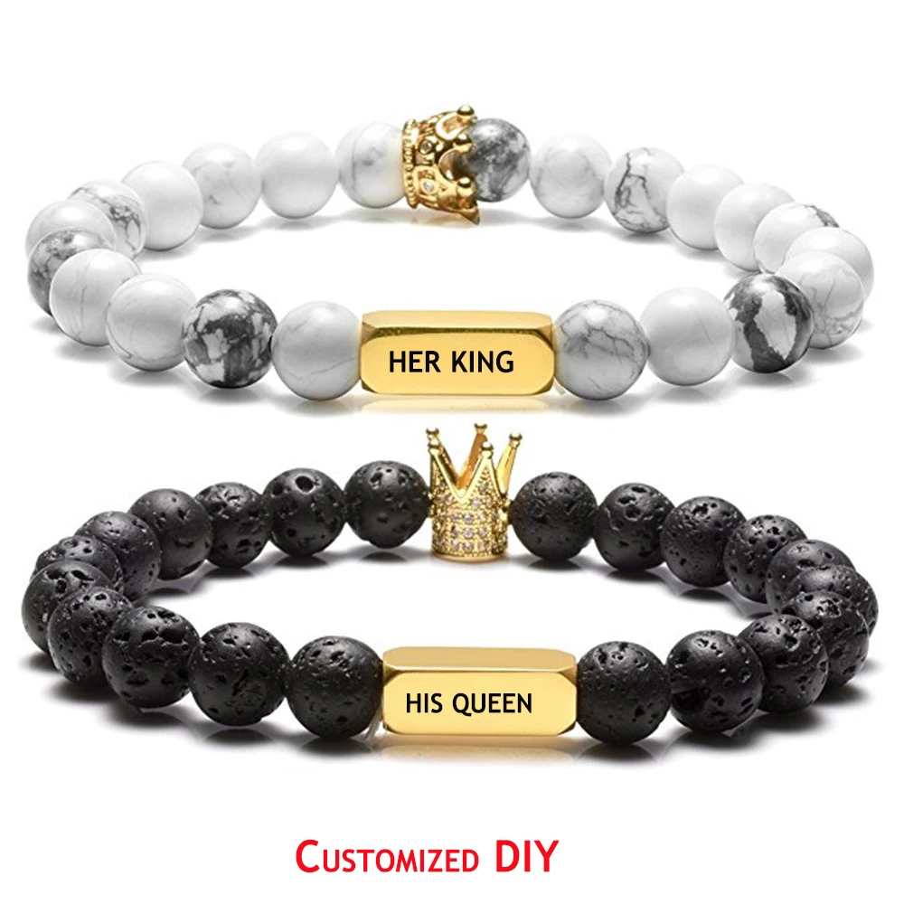

Personalized DIY Bracelets Crown King Charm Bracelet for Men Women Black Matte Lave Stone Beads Wristband