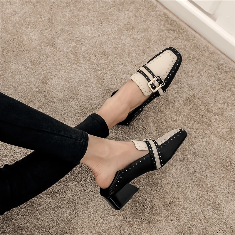 

CONASCO Fashion Casual Basic Classic Women Pumps Square Toe Thick Heels Shoes Woman Spring New Rivets Buckle Genuine Leather