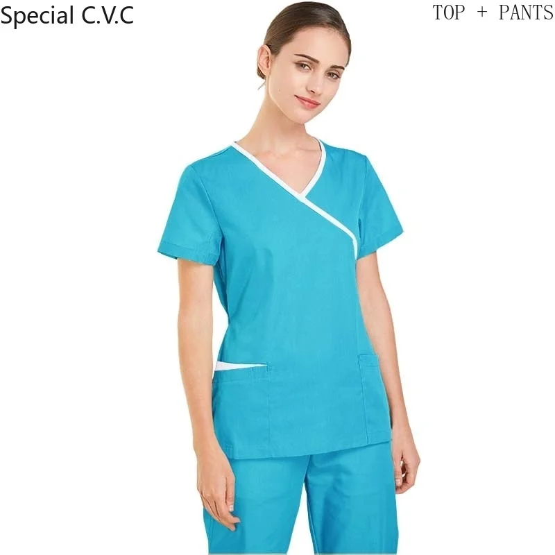 

Women Scrubs Set Mock Wrap V-Neck Short Sleeves Shirt with Two Large Pockets SPA Beauty Health Workwear Fashion Medical Uniform