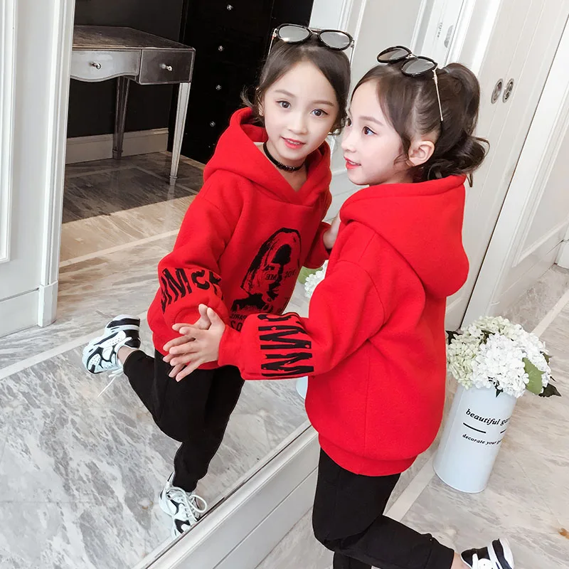 Red Hoodies Одежда для маленьких девочек; детские толстовки с капюшоном; коллекция года; зимняя одежда для девочек; moletom infantil; Двухслойный плотный свитер; модный принт - Цвет: Red Hoodies