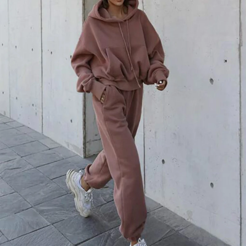 

Long Sleeve Hoodies+Solid Long Pants Biker Style Sporty Hoody Stretchy Female Outfit Fitness Hooded Two Piece Set Women G2914