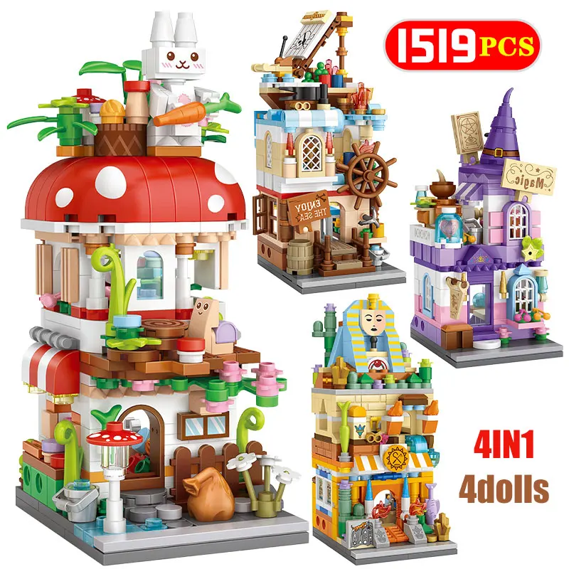 

1519pcs City 4 IN 1 Mini Street View Mushroom House Building Blocks Friends DIY Magic Castle Figures Bricks Toys For Kids Gifts