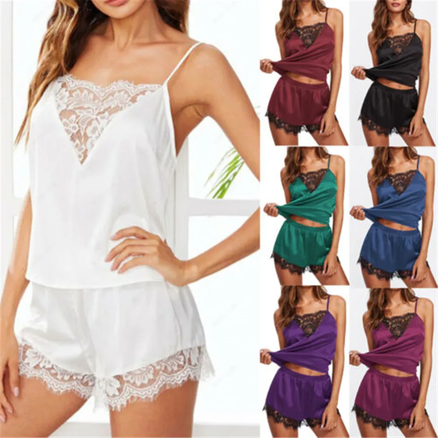 

2021 New Sexy Women Silk Satin Pajamas Set Wear Babydoll Nightwear Lingerie Pj Sets for Women Plus Size Bedroom Set