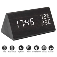 electronic digital alarm clock triangle wood clock home decoration mute luminous table clock with humidity temperature display