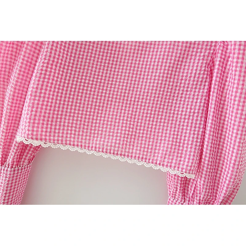 

YOSIBCD Women 2021 Sweet Fashion With Lace Plaid Cropped Blouses Vintage Square Collar Long Sleeve Female Shirts Chic Tops