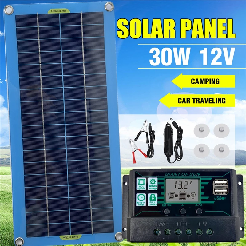 

Solar Panel 30W Solar Panel Kit 12V Battery Charger Controller For Caravan & Boat & Dual USB Solar Panel 30A Solar Controller