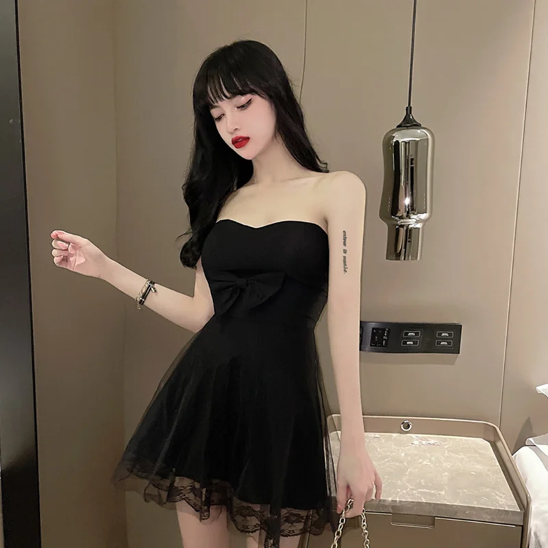 

Sexy tube top dress evening slim bow tie wrapped chest tutu skirt bridesmaid mini dress