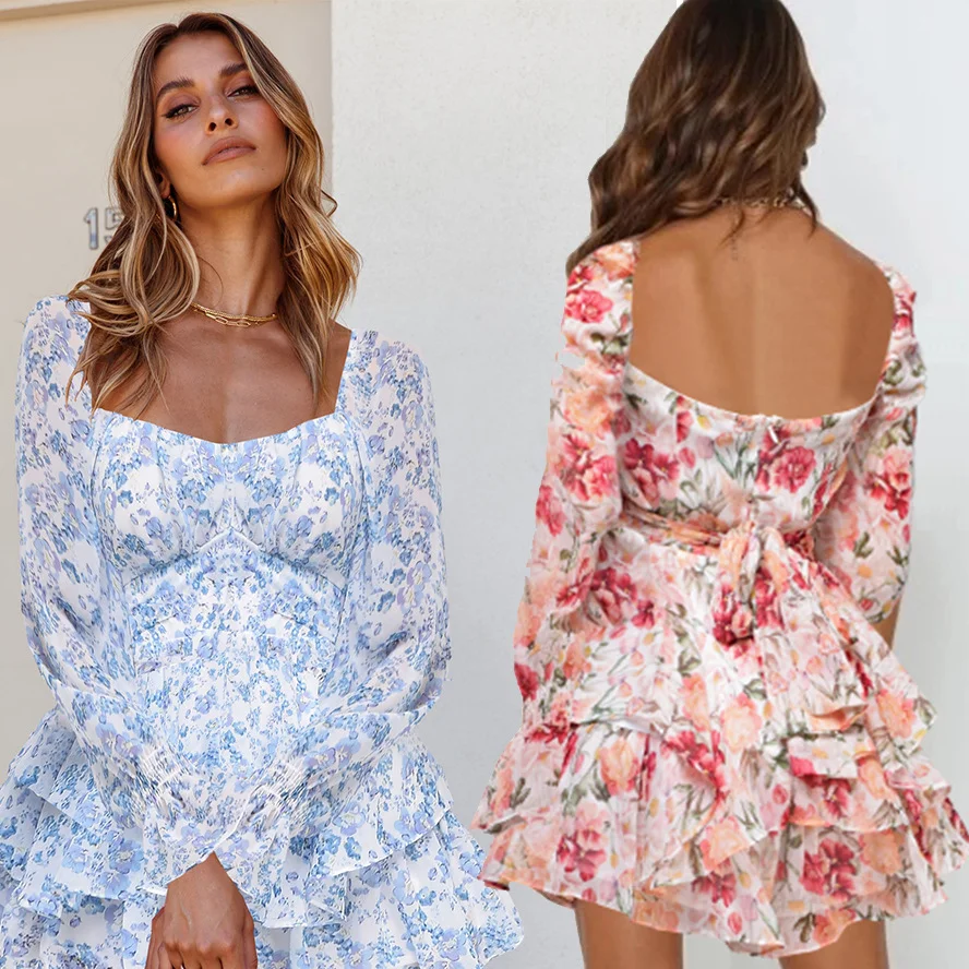 

New Floral Dress for Women Sexy Backless Fashion Square Collar Long Sleeves Mini Skirt Female Elegant Ruffle Print Boho Dress