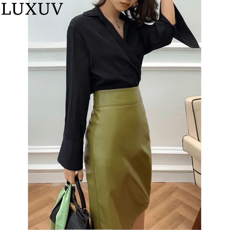 LUXUV Women's Skirt PU Pencil With High Weist Dress Sexy Party Quality Color Outfit Y2k Punk Rock Office Ladies Clothes Bodycon