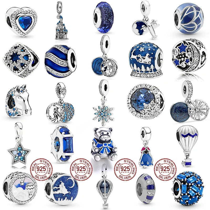 

925 Sterling SilverBlue glamour starry sky and snowflakes DIY fine beads Fit Original Pandora Charm Bracelet Women Jewelry