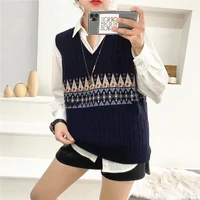 2020 new vintage striped vest korean v neck sleeveless women argyle sweater vest geometrical print vest thick autumn winter vest
