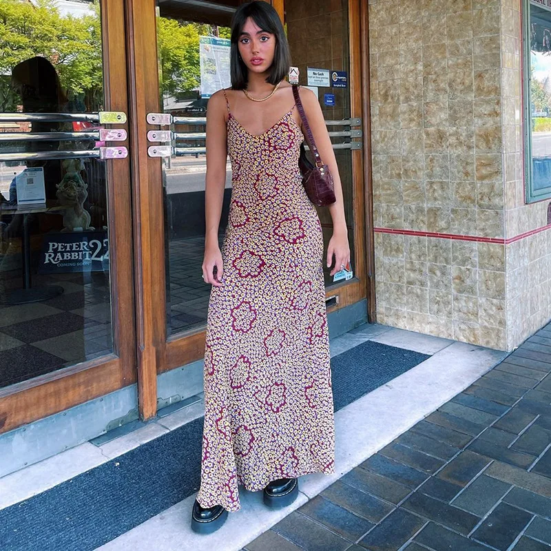 

Print Summer Maxi Dress Sexy Women Floral V Neck Sling Casual Sleeveless Slim Long Dresses Female Party Beach Holiday Vestidos