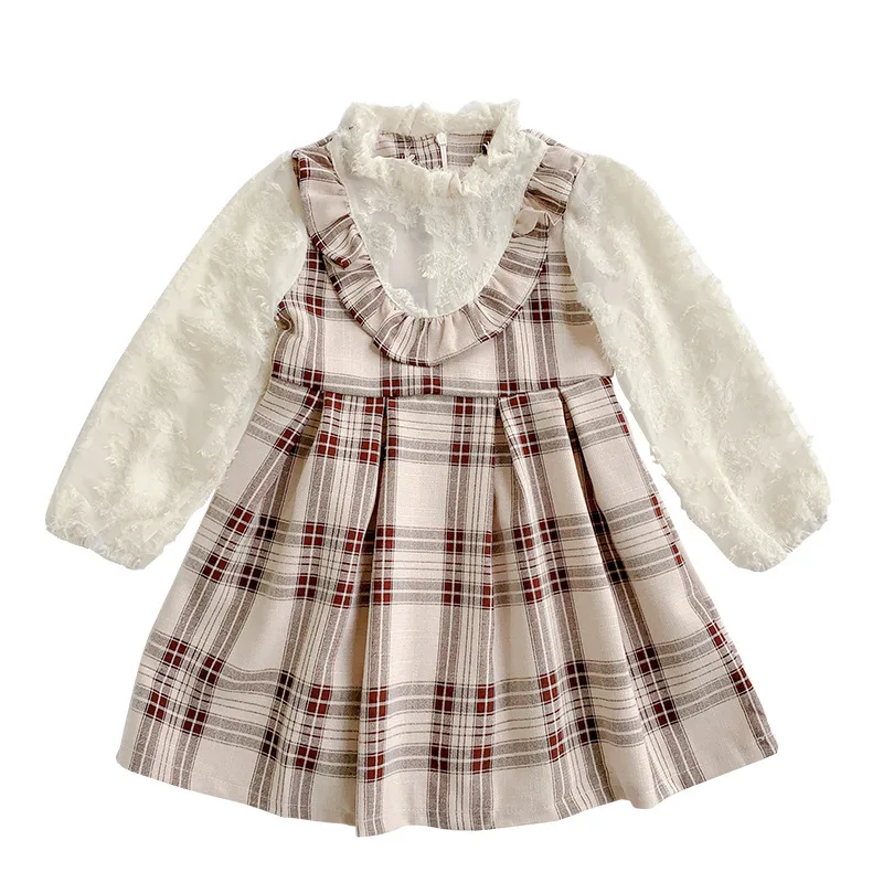 

1-6 Year Old Girl Autumn Dress Plaid Stitching Long-Sleeved Cotton Birthday Party Dress Clothes Elegant Child Princess Dress