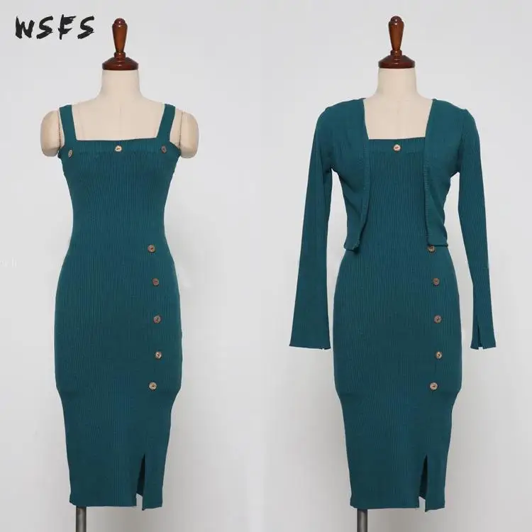 

2 Pieces Set Women Autumn Dress Knitted Coat Top Blouses Blue Slip Dress Sexy Party Big Size Bodycon Bandage Office Lady Clothes