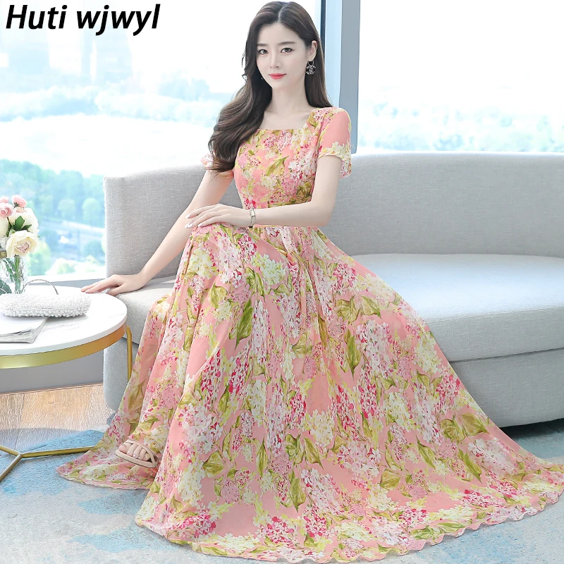 

Женское винтажное платье-макси с цветочным принтом, розовое элегантное облегающее вечернее платье-миди из шифона в стиле бохо, Пляжное Плат...