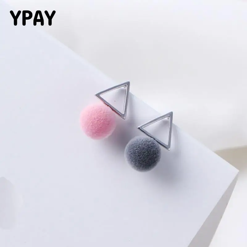 

YPAY Real 925 Sterling Silver Triangle Geometric Stud Earrings Sweet Cute Pompom Fur Ball Earring for Women Fine Jewelry YME474