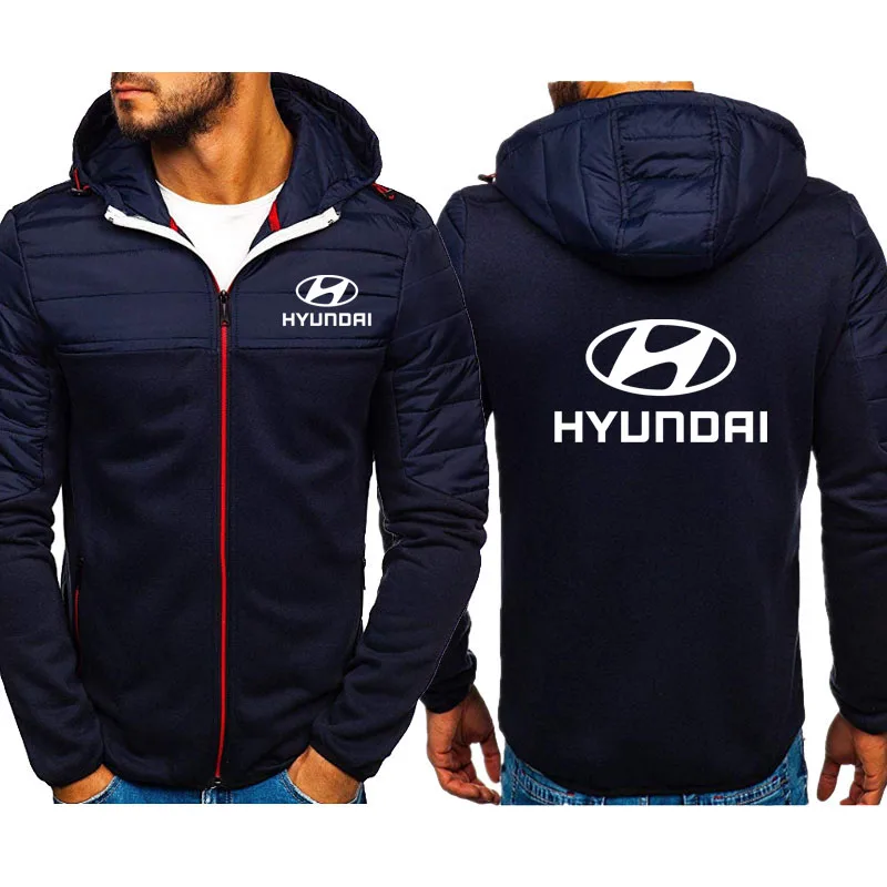 2021Mens Brand fashion Casual zipper sport jacket Hyundai car logo print Fleece padded men's windproof hooded parka jacket top